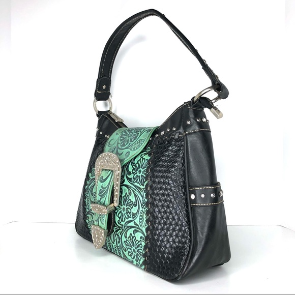 Trinity Ranch Montana West Turquoise Tooled Leather Shoulder Bag - Picture 2 of 16